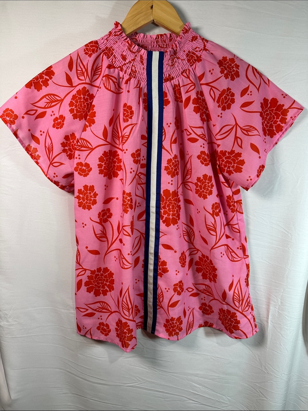 THML Pink Top with Red Floral Print and Center Stripe
